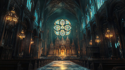 A gothic church with intricate stained glass windows