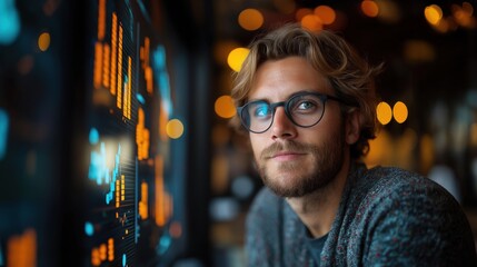 A young British man in a tech startup deeply engaged in analyzing data trends during a bustling evening in the office