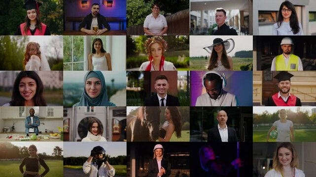 Video opens with a single portrait of businessman, slowly zooming out to reveal Multiple Screen Montage of a a grid of 30 individuals from various backgrounds, professions, and emotions.