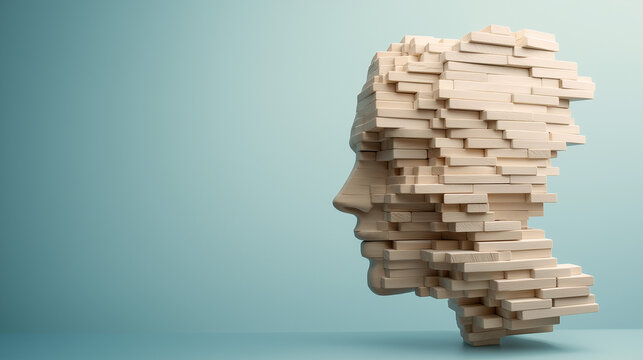 Head figure made of scattered wood blocks against blue background, mental health awareness, copy space