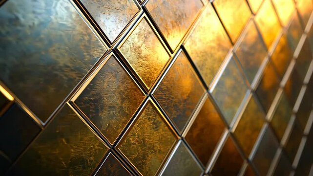 A close-up view of a metallic wall covered in diamond-shaped tiles