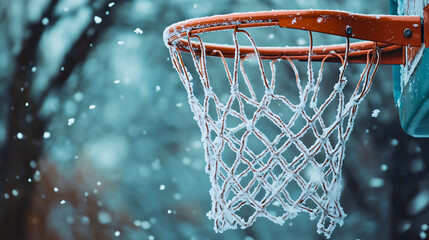 Snowy basketball hoop winter, cold backboard circle rim, frozen net sport outdoor, seasonal playground scene, wintry court atmosphere