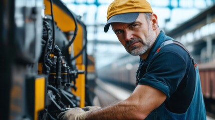 A railroad engineer in overalls and a conductor’s hat, adjusting a control lever with locomotives and rail tracks, Railway operation scene