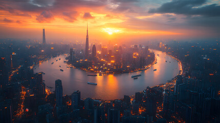 Fototapeta premium Golden Skyline: Sunset Over a Majestic Cityscape Along the River