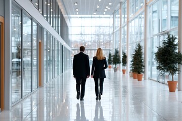 Two individuals in formal attire walk down a light-filled corridor, representing professionalism and movement in a sleek and modern business setting.