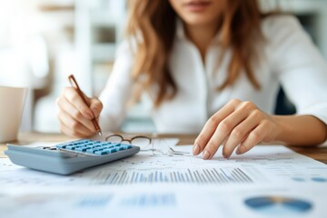 A focused woman works on calculations, using a calculator and pen on financial documents, highlighting the importance of financial analysis in decision-making processes.