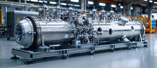 A large, stainless steel industrial machine with multiple pipes and valves, sitting on a metal platform with wheels, in a factory setting.