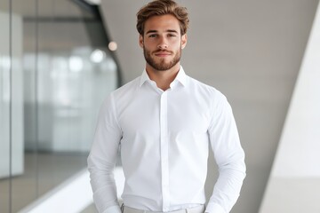 Fototapeta premium A confident young man stands proudly in a minimalist, well-lit room wearing a crisp white dress shirt, reflecting professionalism and modern style.