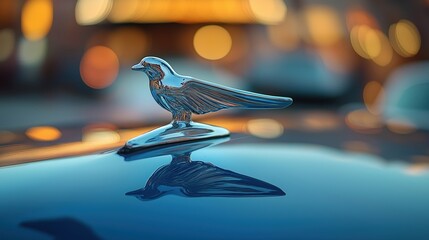 A close-up of a shiny hood ornament featuring a bird design on a car.