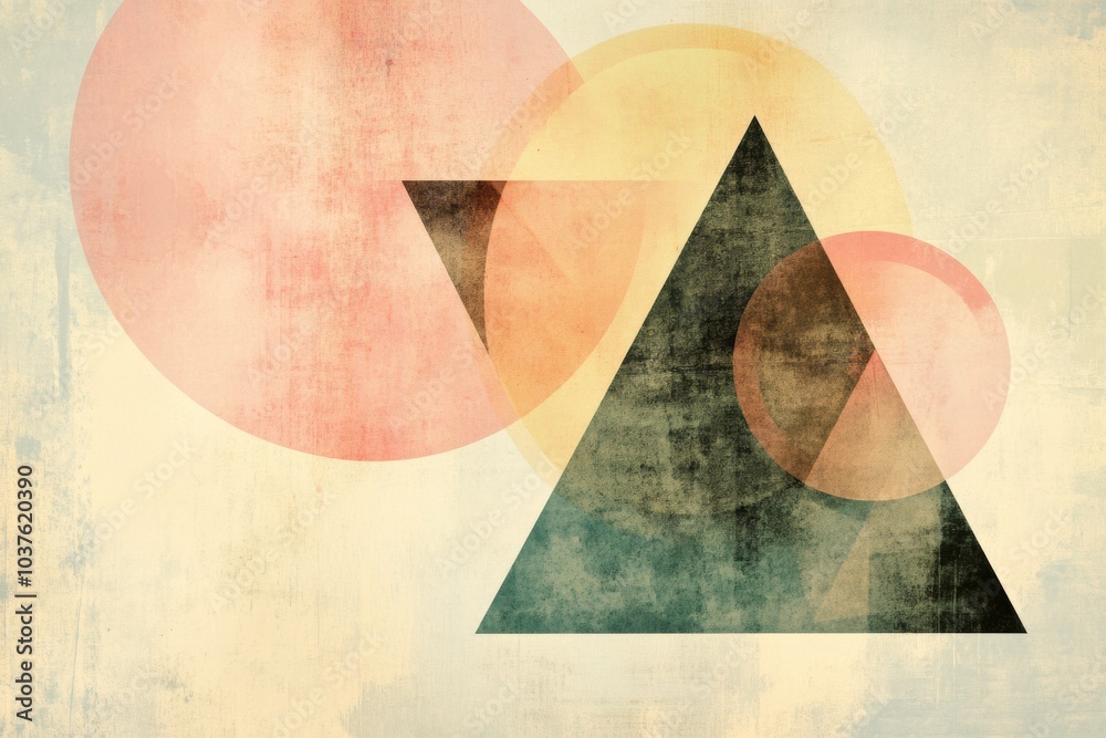 Poster Soft pastel background enhances the visual impact of textured circles and triangles, creating an intriguing abstract design with depth. Generative AI