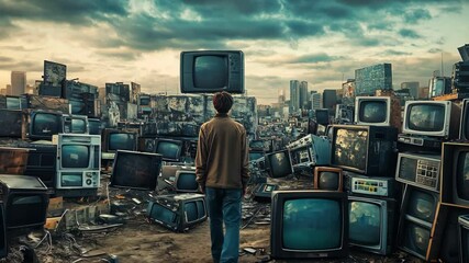 A person walks through a city filled with discarded televisions, a metaphor for the overwhelming amount of media we consume
