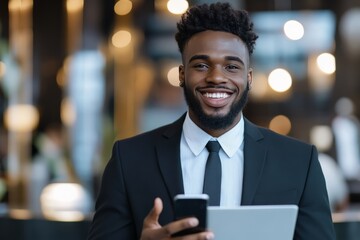 A self-assured businessman stands smiling with a smartphone and tablet in hand, embodying the modern entrepreneurial spirit in a bustling cityscape environment.