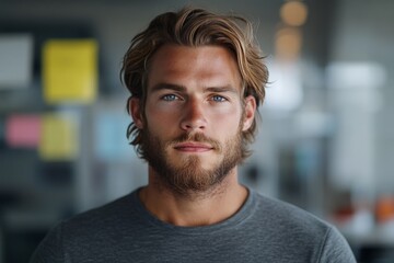 Obraz premium A man with a beard and casual shirt stands in a modern setting, exuding confidence and approachability. Perfect for lifestyle or portrait photography use.