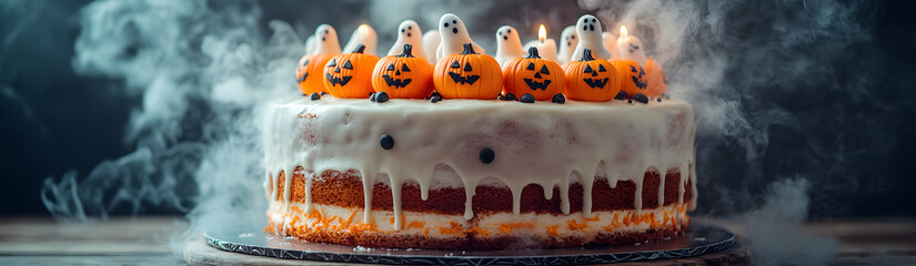 Obraz premium Spooky Halloween-Themed Cake Decorated with Jack-O'-Lantern Pumpkins and Ghosts, Surrounded by Smoke and Candlelight