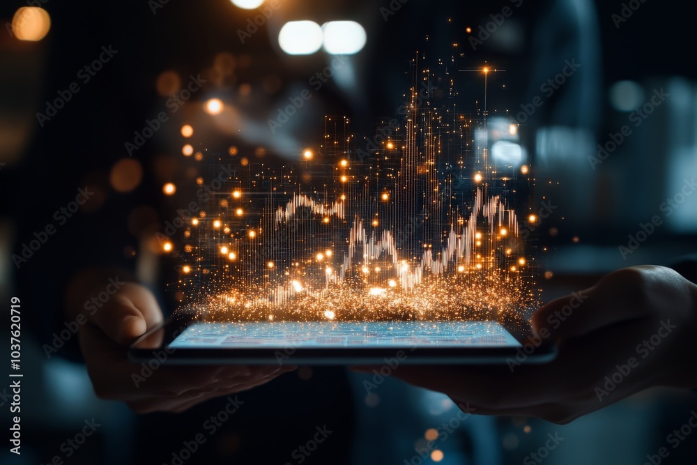 Poster a highly detailed digital data visualization displayed on a tablet, surrounded by futuristic spark e