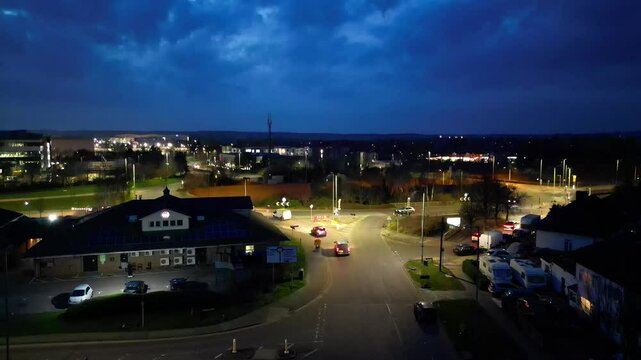 High Angle Footage of Illuminated Central Hatfield City and Downtown of Hertfordshire, England, United Kingdom During Dark Night. March 9th, 2024, Aerial View Was Captured with Drone's Camera From Hig