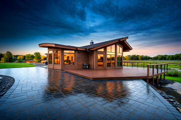 Obraz premium Contemporary house exterior with dark blue sky stamped concrete driveway, brown house, and expansive deck.