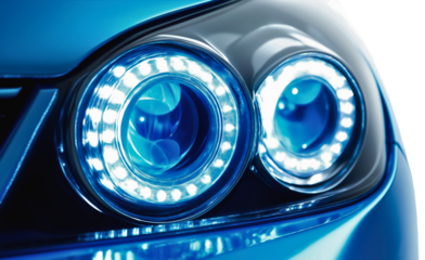 Sleek car automobile headlight, luminous lamp isolated front, brilliant bright led glass, powerful beam auto light, modern vehicle innovation