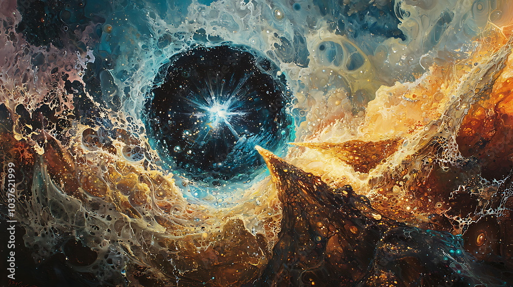 Poster exploring an abstract cosmic landscape filled with vibrant colors and ethereal elements that ignite 
