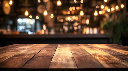 Empty wooden table and countertop with blurred bar background for product placement design