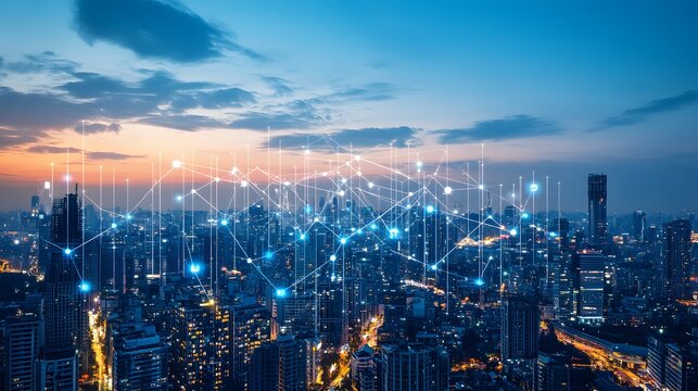 A smart city with a connected network and internet of things.