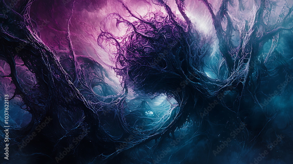 Poster exploring the depths of imagination a surreal cosmic landscape filled with intricate forms and vibra