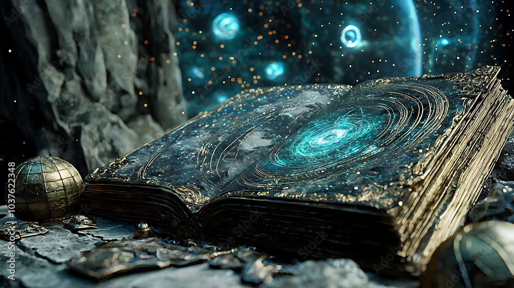 Poster Exploring the enigmatic connection between ancient tomes mystical symbols and the infinite depths of the galaxy a journey through time and space