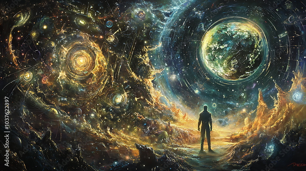 Poster a solo journey through the cosmic expanse a figure navigating the mysteries of vibrant galaxies and 