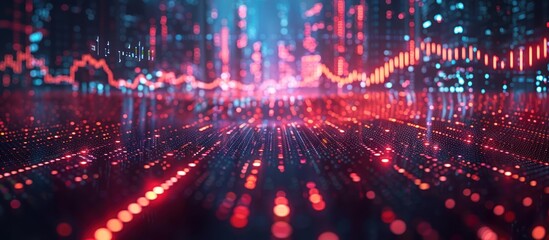 Obraz premium Abstract glowing lines and dots in a dark background with red and blue light.