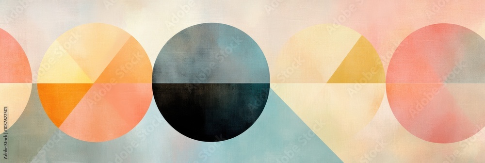 Poster colorful abstract shapes, including circles and triangles, blend seamlessly on a gentle pastel backd