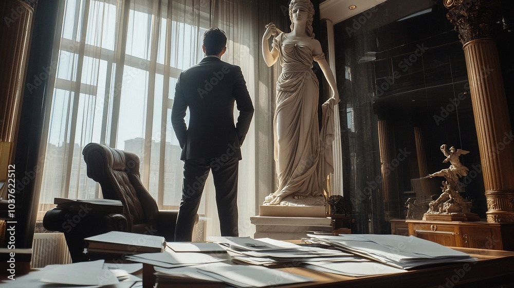 Aufkleber a businessman stands by the window in a luxurious office with a statue in the background.