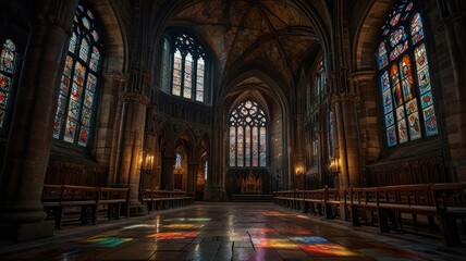 Obraz premium Interior of a church with stained glass windows and stone arches, light shining through the windows, creating a colorful pattern on the tiled floor.