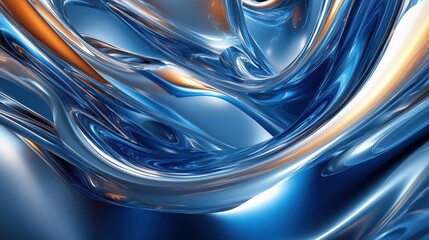 Energetic 3D abstract design with swirling forms in sapphire blue and reflective silver, capturing vibrant motion and depth