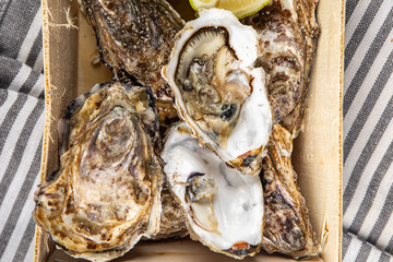 Oysters fresh seafood tasty food dish Fresh delicious gourmet food background on the table rustic food top view copy space top view pescetarianism diet