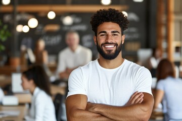 Obraz premium A happy, bearded young man stands arms crossed, radiating positivity in a bustling café backdrop filled with soft lighting, modern decor, and engaged conversations.