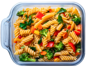 Wholesome lunchbox pasta vegetable, nutritious isolated school lunch, balanced healthy meal salad, convenient plastic food box, fresh container nourishment
