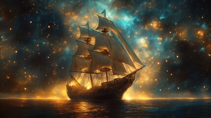 An ornate sailing ship gliding through a cosmic night, illuminated by a celestial tapestry of galaxies and nebulae