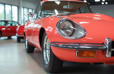a close up view of a shiny coral car in a showroom with other vehicles in the background