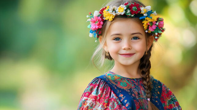 Joyful girl child kid, enchanting folklore dress beautiful, vibrant culture traditional summer, graceful costume woman tradition, folk heritage celebration