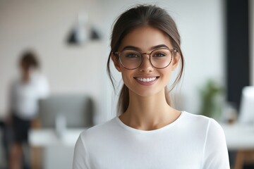 Fototapeta premium A young woman with a confident smile stands in a bright, modern office setting, her glasses adding a touch of sophistication to the contemporary work environment.