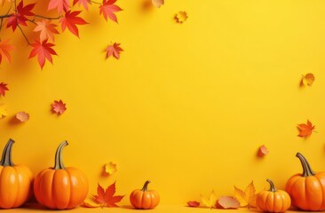 Naklejka premium yellow background with autumn leaves and pumpkins . halloween and thanksgiving day concept