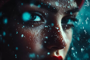 Winter's Gaze: Close-up portrait of a woman's face, adorned with snowflakes, evoking a sense of mystery and winter's beauty. The teal lighting adds a touch of fantasy. 