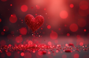 red glitter hearts falling down, bokeh effect blurred background 