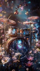 A colorful drum set is surrounded by flowers