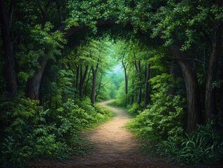 Naklejka premium Serene Path Through a Dense Forest with Sunlight
