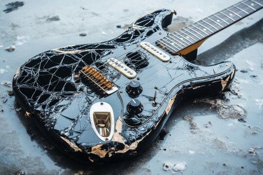 A cracked black electric guitar rests on a wet surface. It shows wear and tear. This image captures a unique artistic style and evokes emotions of nostalgia. Generative AI