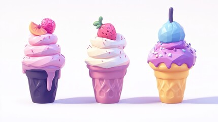 Whimsical Gelato Icons Set for Website Design - Minimalist Low Poly Toyism Art Style Dividers with Delicate Chromatics
