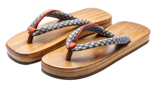 Stylish bamboo flip-flops with decorative straps on transparent or white isolated background.