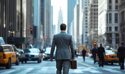 A businessman walks down a busy street in a big city, carrying a briefcase, looking towards the future.