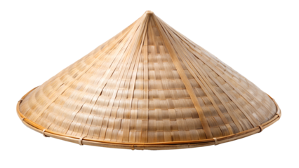 Traditional bamboo hat with a conical shape, transparent or white isolated background.